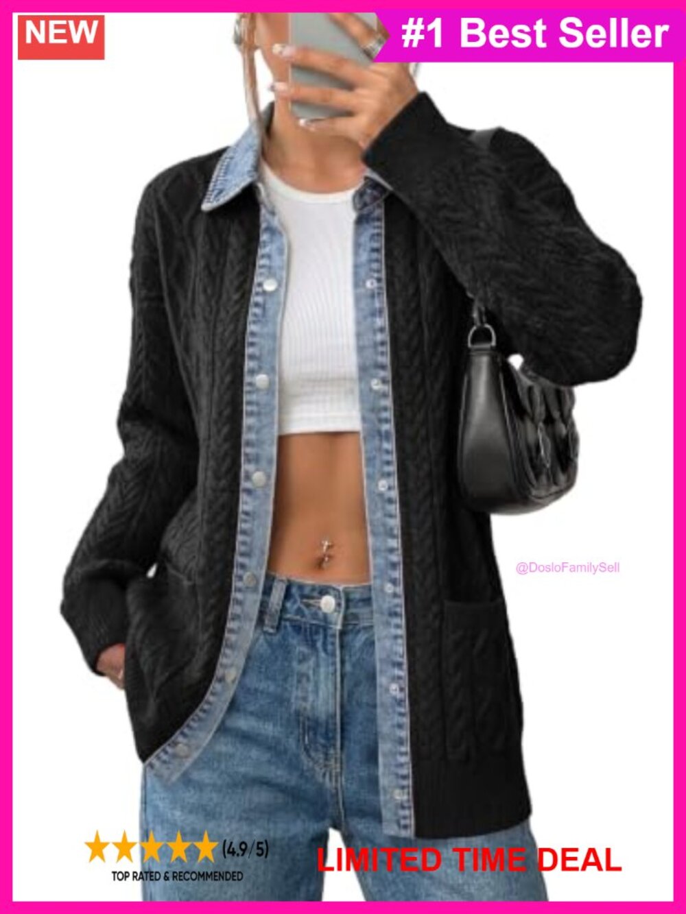 Cable Knit Denim Collar Button Front Cardigan with Pockets